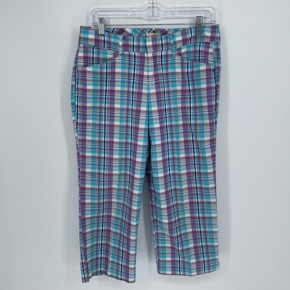 Dockers Women's Purple‎ Blue Plaid Stretch Flat Front Golf Capri Pants Size 4